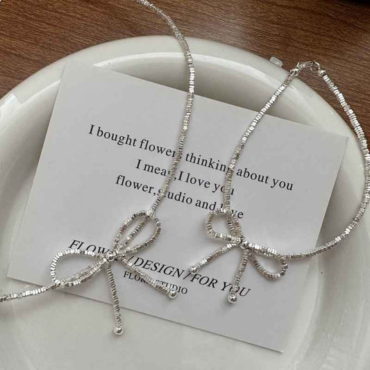 S925 Sterling Silver Glitter Bow Necklace and Bracelet Set Adjustable