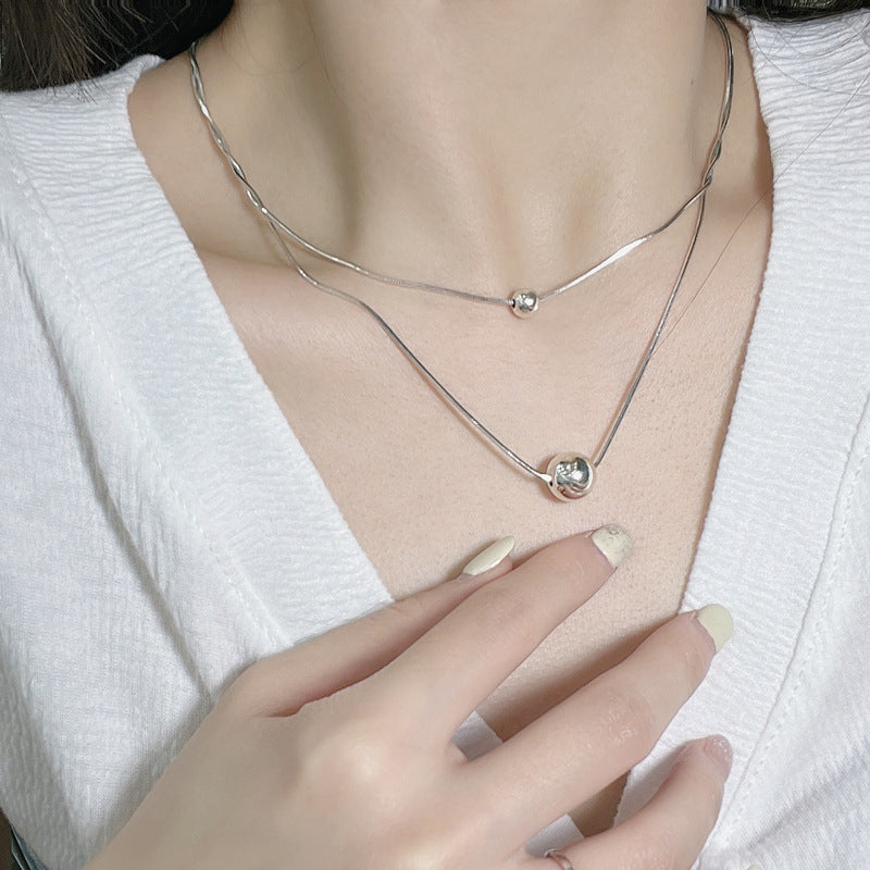 S925 Sterling Silver Silver Spheres Layered Necklace Double Chain Bead Design