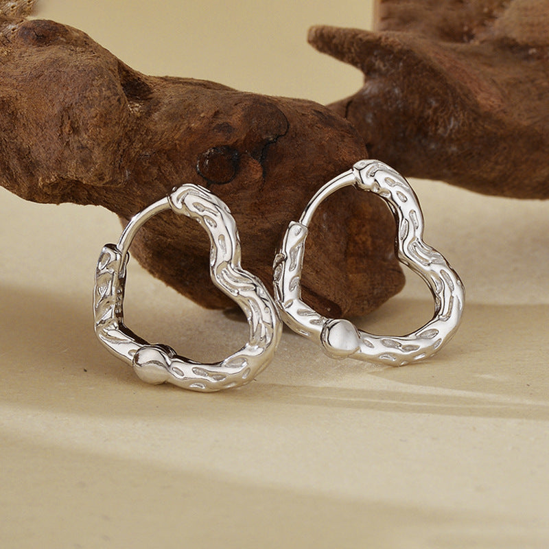 “Textured Heart” S925 Sterling Silver Irregular Heart Hoop Earrings