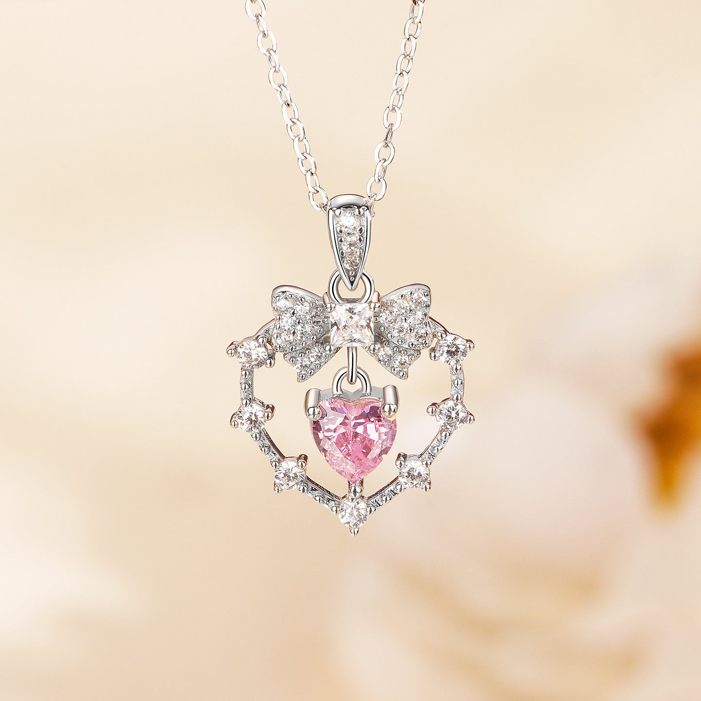 Velour Knot S925 Sterling Silver Pink Heart Bow Pendant Necklace