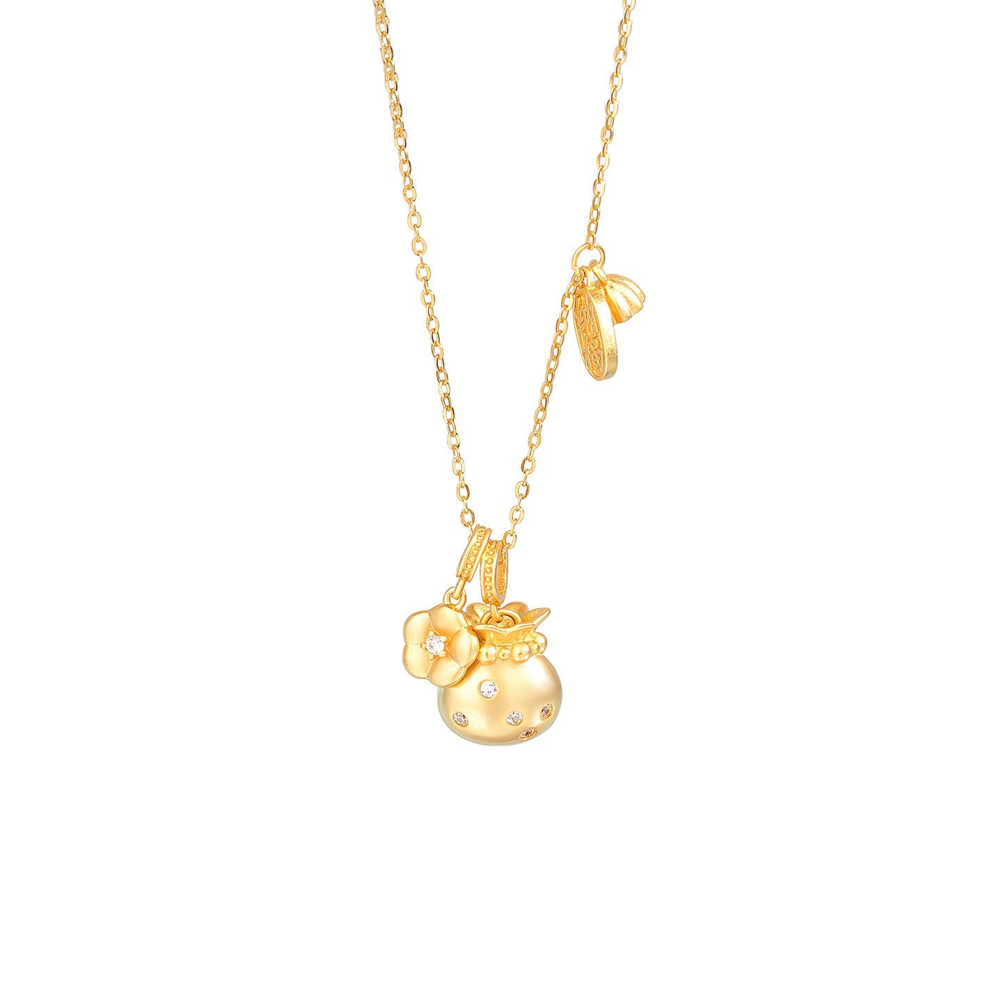 Fortune Bloom Lucky Pouch Pendant Necklace with Zircon in S925 Sterling Silver