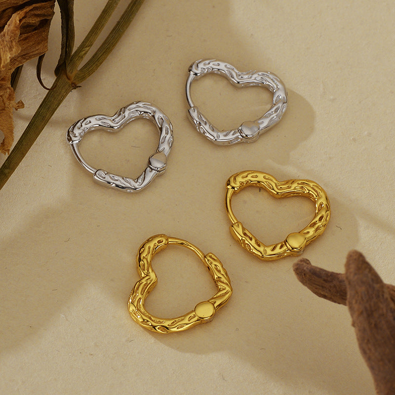 “Textured Heart” S925 Sterling Silver Irregular Heart Hoop Earrings