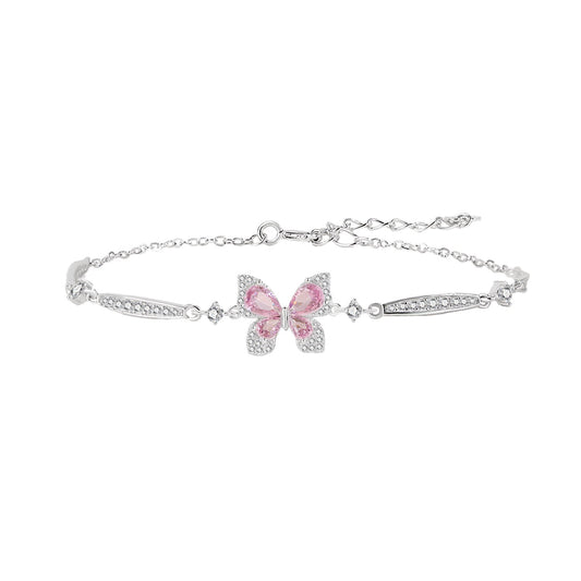 Pink Flutter Butterfly Bracelet, S925 Sterling Silver Pink Stone Jewelry