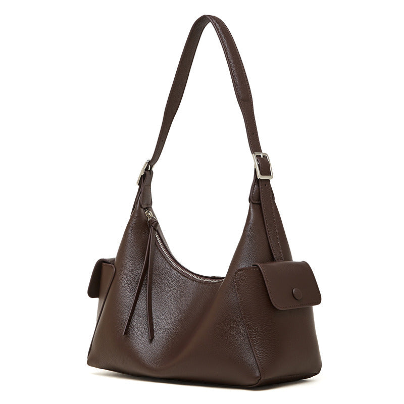Women's Full-Grain Vegetable-Tanned Leather Tote Bag with Side Pockets