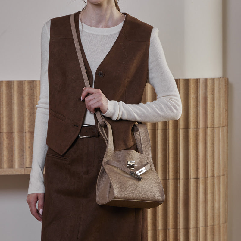 Women's Pebbled Cowhide Twist-Lock Bucket Bag with Inner Pouch