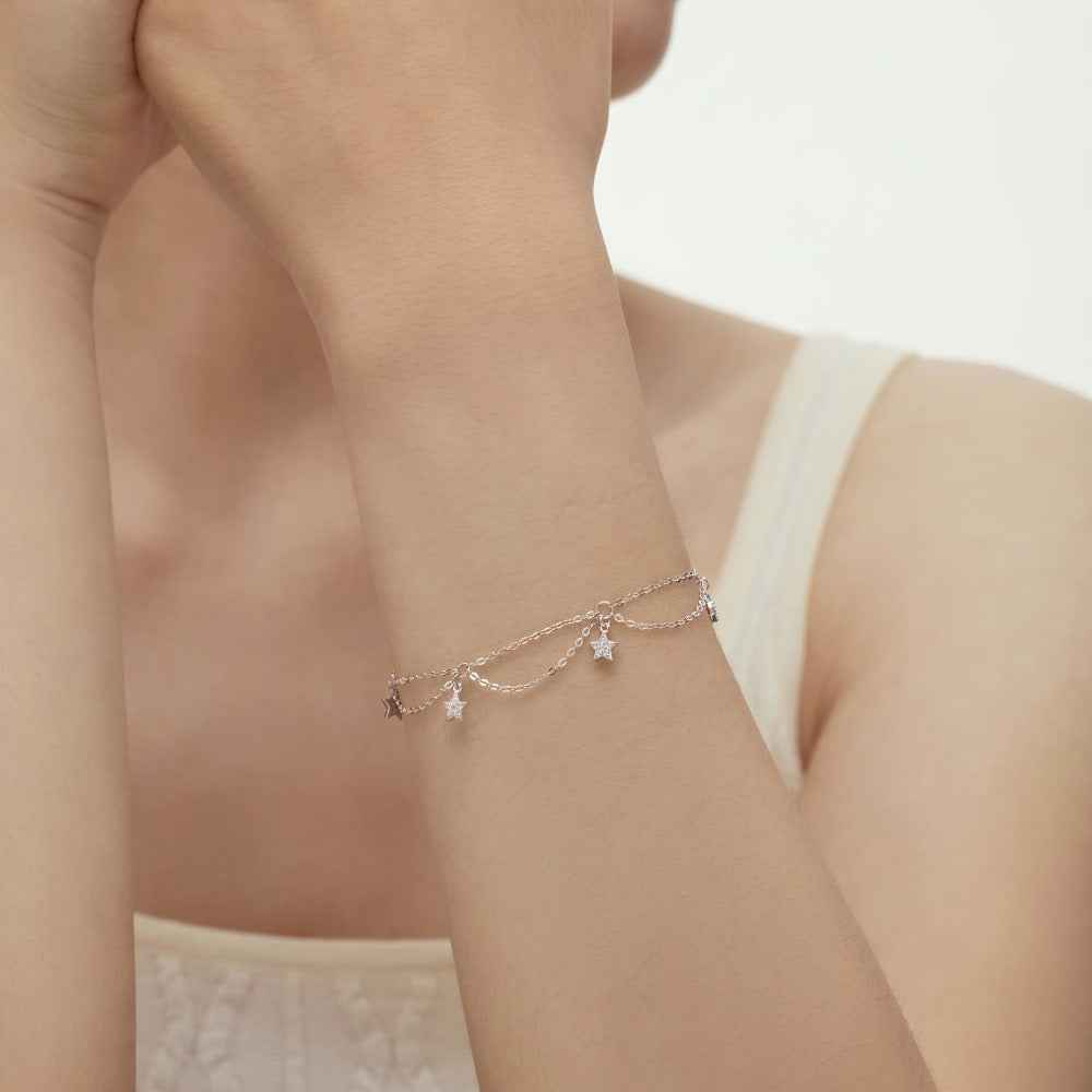 925 Sterling Silver Double-Layer Star Charm Bracelet – Starlit Dance