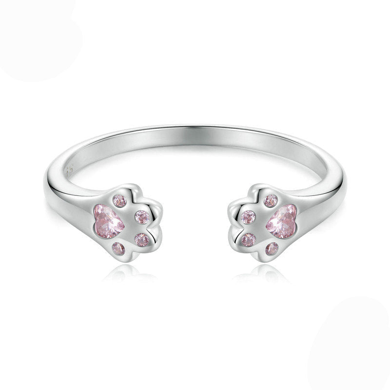 Pink Paw Charm S925 Sterling Silver Paw Open Ring with Pink Zircon Accents