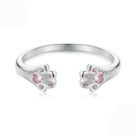 Pink Paw Charm S925 Sterling Silver Paw Open Ring with Pink Zircon Accents