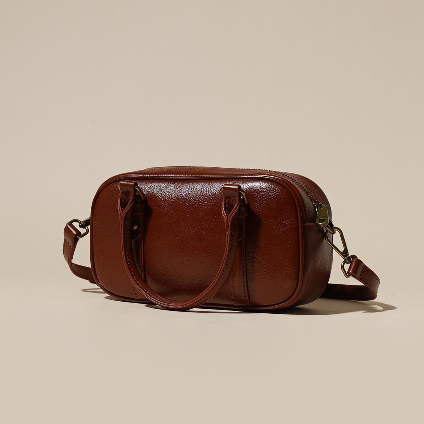 Women's Oil-Waxed Cowhide Mini Boston Bag with Top Handle