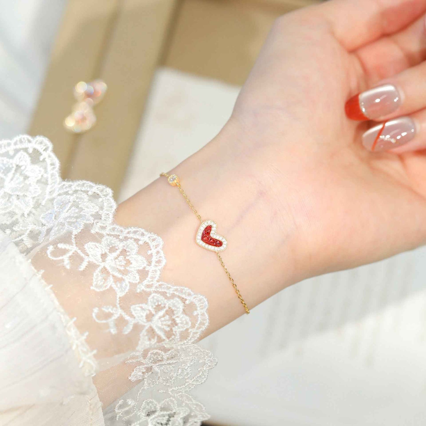 Berry Palmier S925 Silver Ruby Heart Jewelry Set Necklace Bracelet Earrings