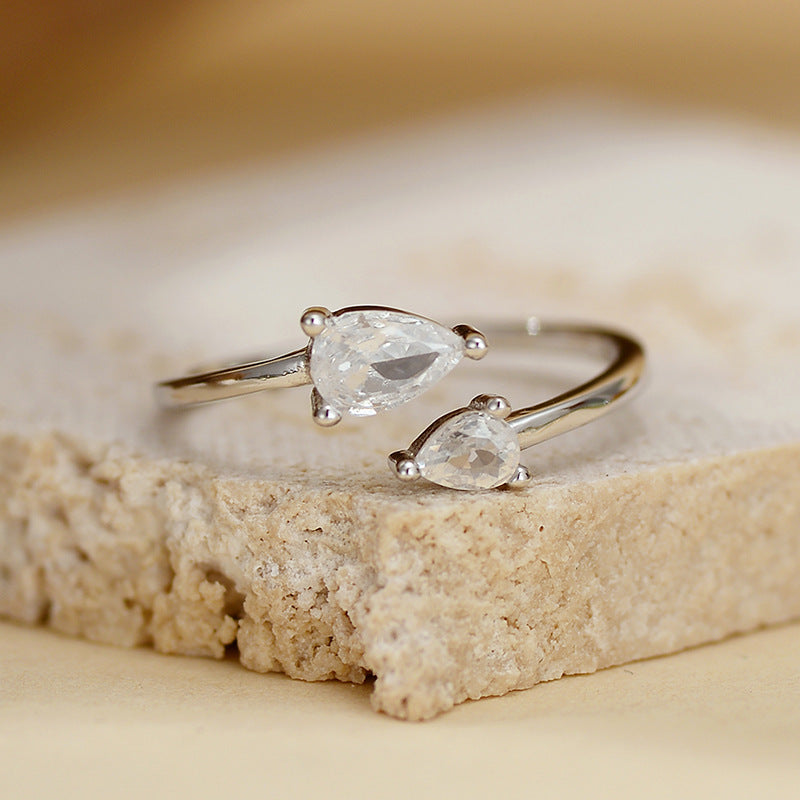 “Twin Drops” S925 Sterling Silver Zircon Teardrop Open Ring
