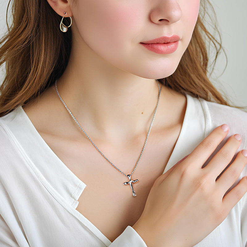 “Lava Cross” S925 Sterling Silver Irregular Cross Necklace