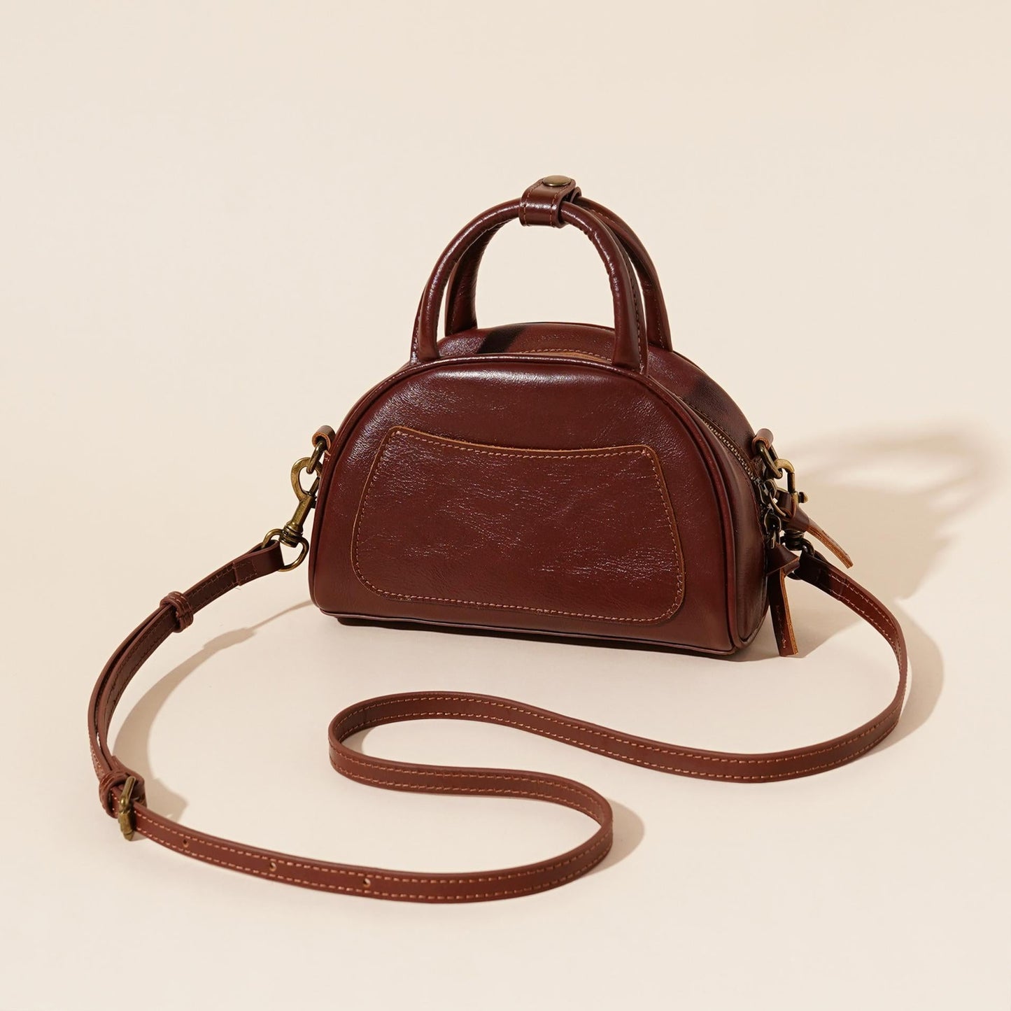 Women's Oil-Waxed Cowhide Mini Dome Boston Bag