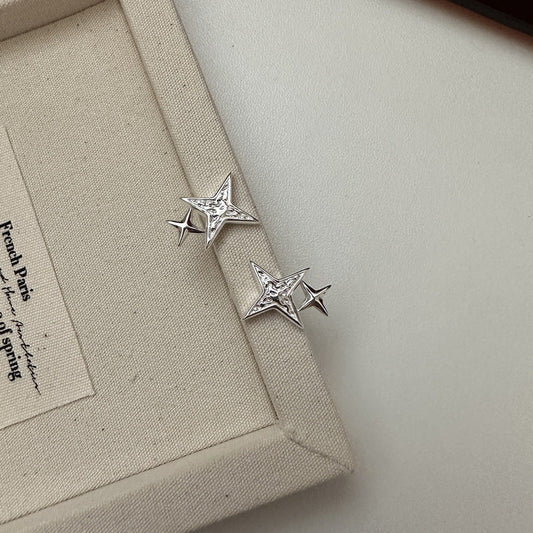 S925 Sterling Silver Twinkle Star Stud Earrings Double Star Celestial Design