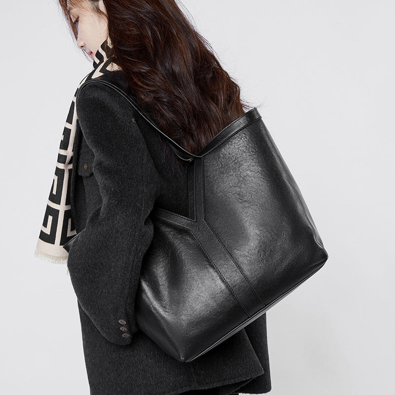 Women's Genuine Leather Open Top Vertical Tote Bag