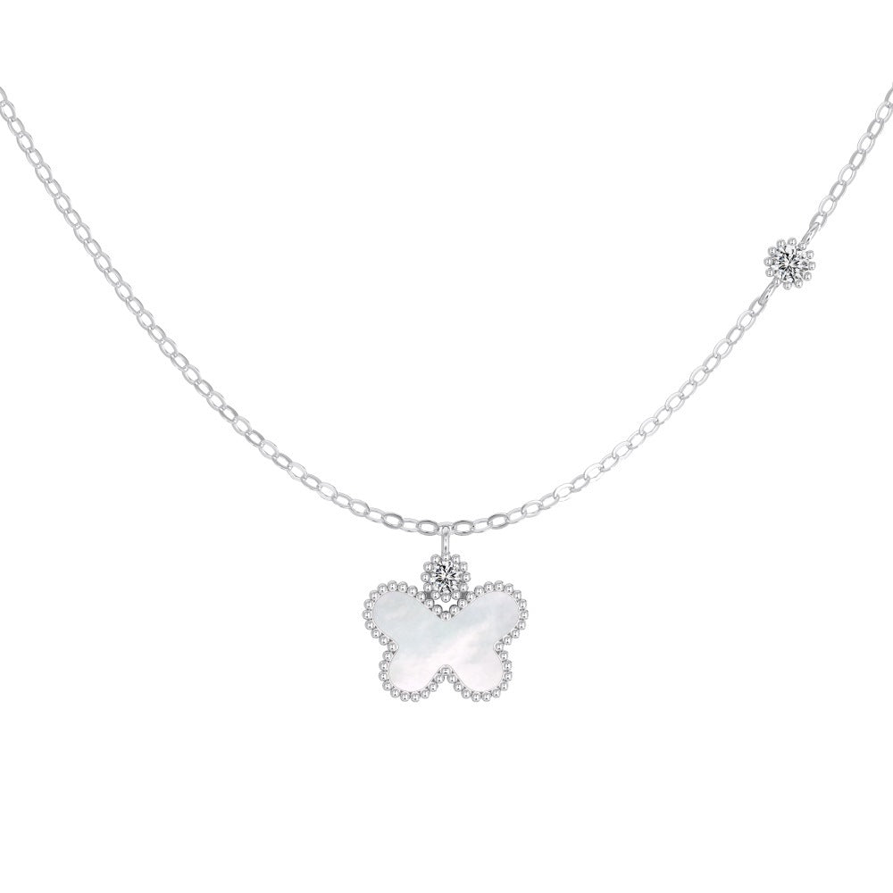 Butterfly Gleam Mother of Pearl Butterfly Pendant Necklace with Zircon Details, S925 Sterling Silver