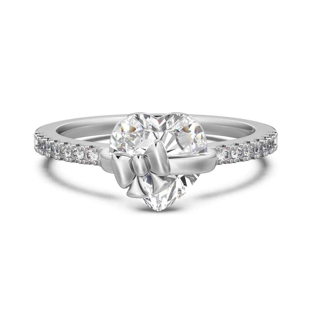 “Heart Bow” S925 Sterling Silver Zircon Necklace, Ring & Stud Earrings Set