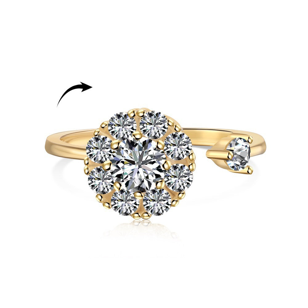 925 Sterling Silver Rotating Halo Open Ring – Golden Bloom Whisper