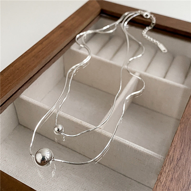 S925 Sterling Silver Silver Spheres Layered Necklace Double Chain Bead Design