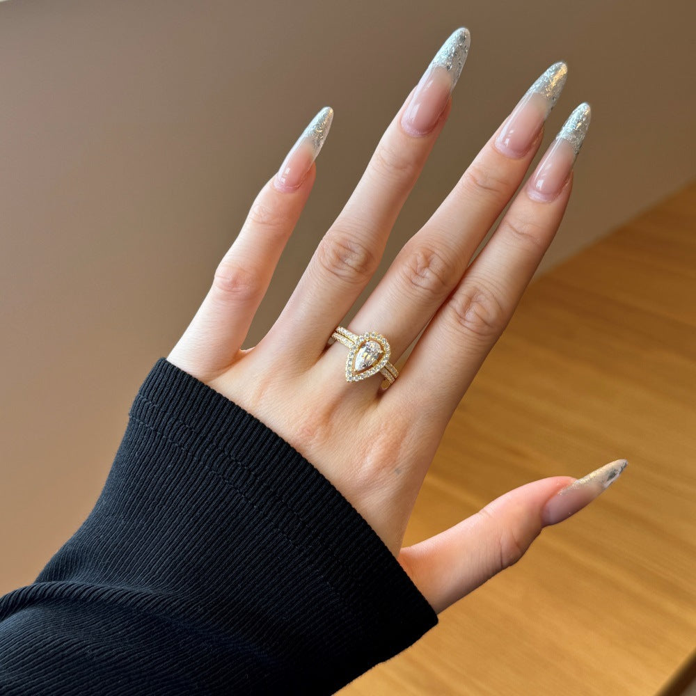 Twin Tear Grace S925 Silver Pear Cut Zircon Ring Set