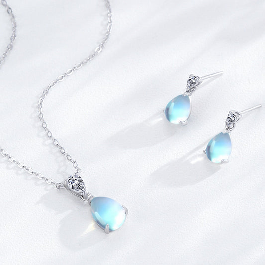 Luna Drop Teardrop Moonstone Necklace Earrings Set 925 Sterling Silver