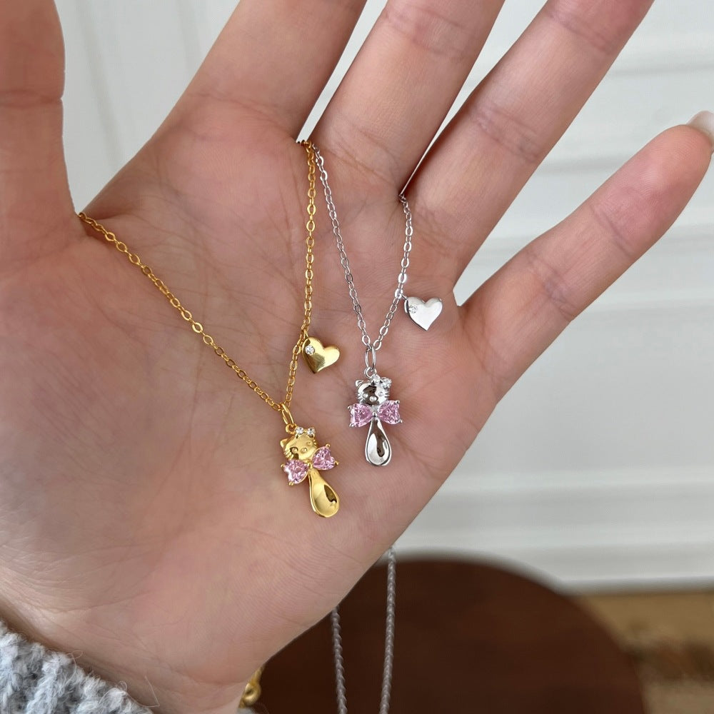 “Kitty Bow” S925 Sterling Silver Cat Bow Spoon Necklace