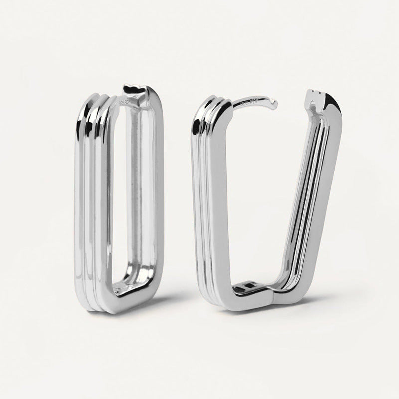 “Ribbed Rectangle” S925 Sterling Silver Textured Geometric Hoop Earrings