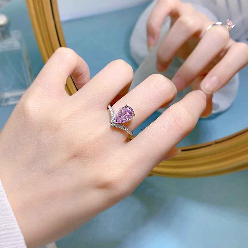 925 Sterling Silver Luminous Teardrop Pear-Cut Zircon V Band Ring
