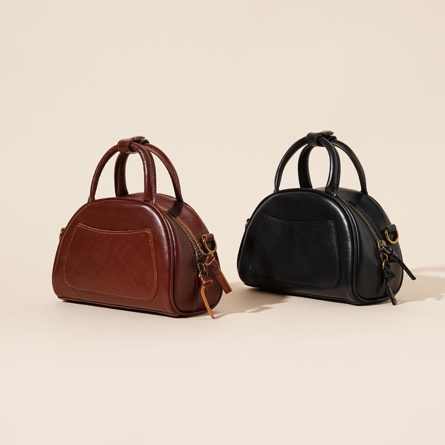 Women's Oil-Waxed Cowhide Mini Dome Boston Bag