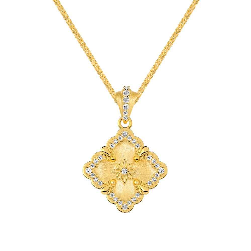 925 Sterling Silver Gilded Bloom Filigree Clover Necklace & Ring Set Gold Vermeil
