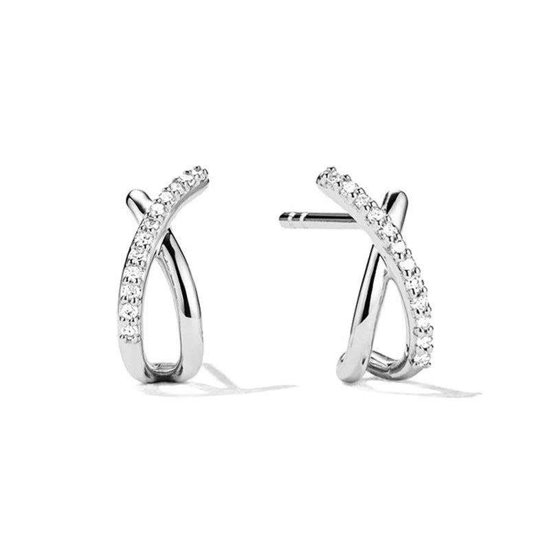 “Crossline Elegance” S925 Sterling Silver Crisscross Stud Earrings with Sparkling Accents