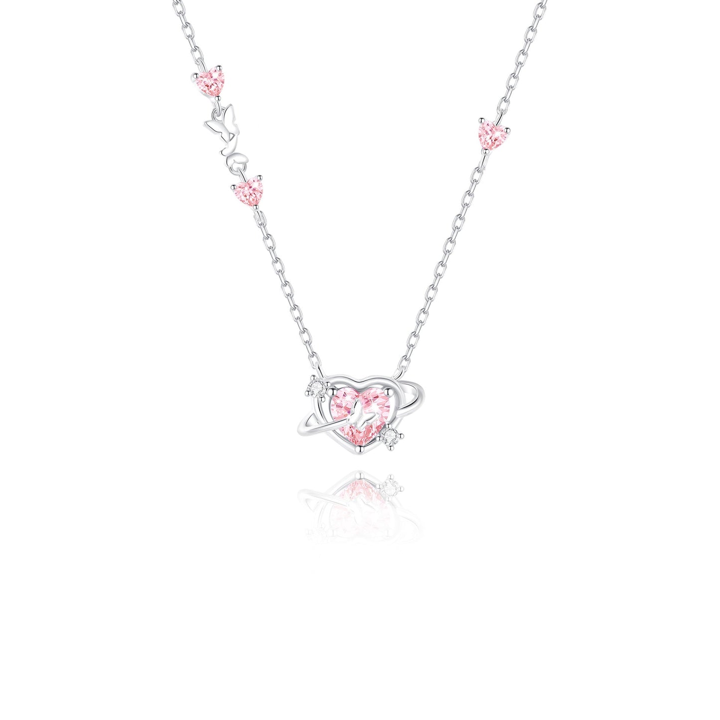 925 Sterling Silver Pink Zircon Orbit Heart Necklace