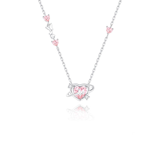 925 Sterling Silver Pink Zircon Orbit Heart Necklace