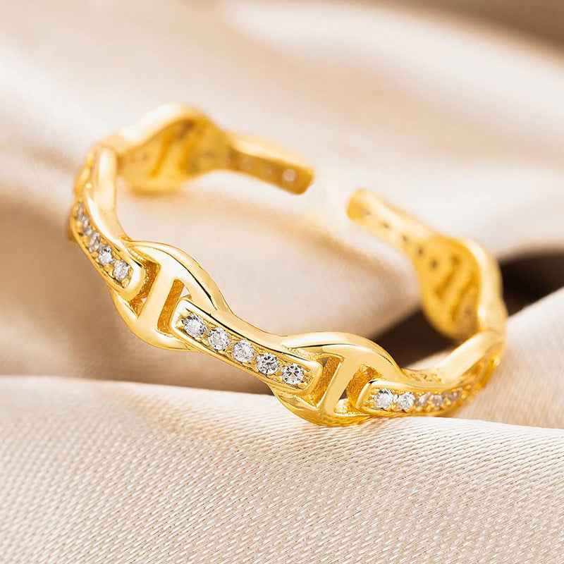 925 Sterling Silver Golden Link Pavé Chain Ring 18K Gold Plated