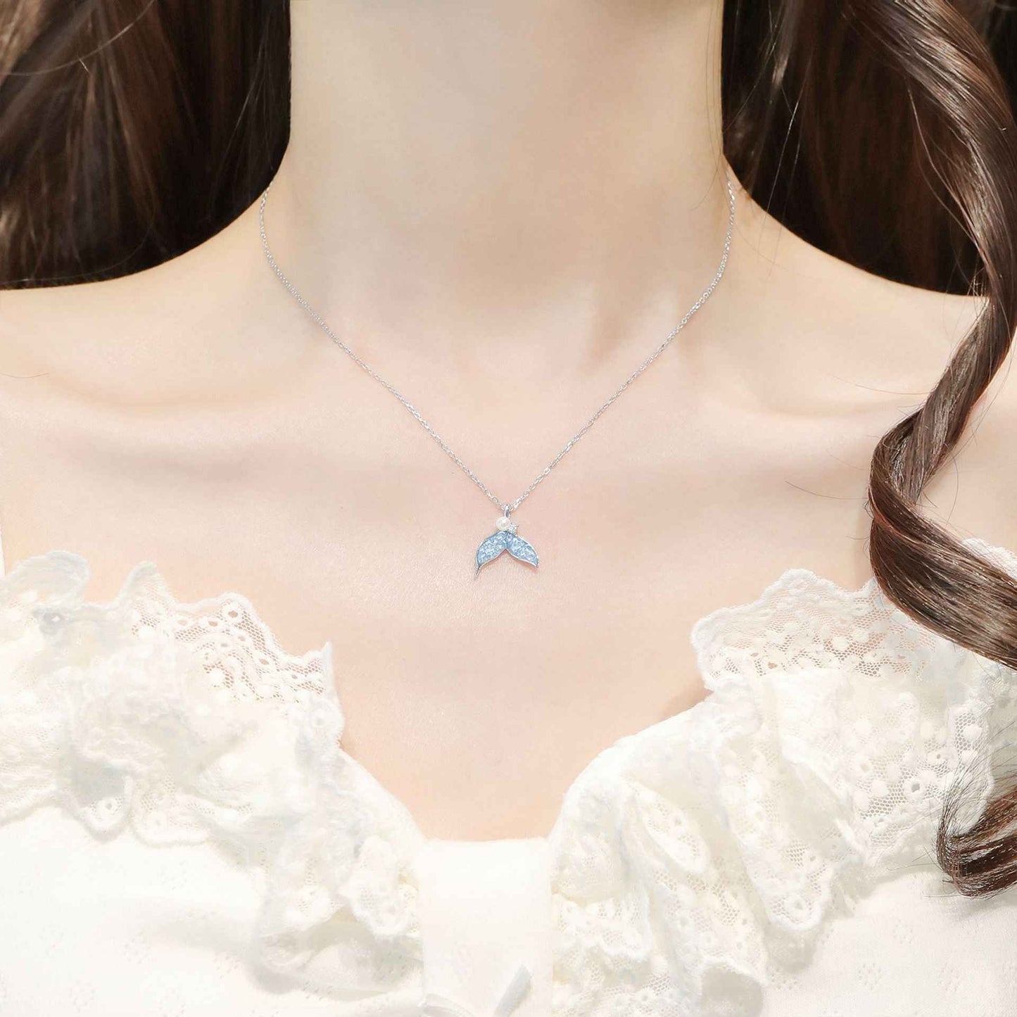 Celestia Tail S925 Sterling Silver Mermaid Pendant Necklace with Blue Crystal & Pearl Detail