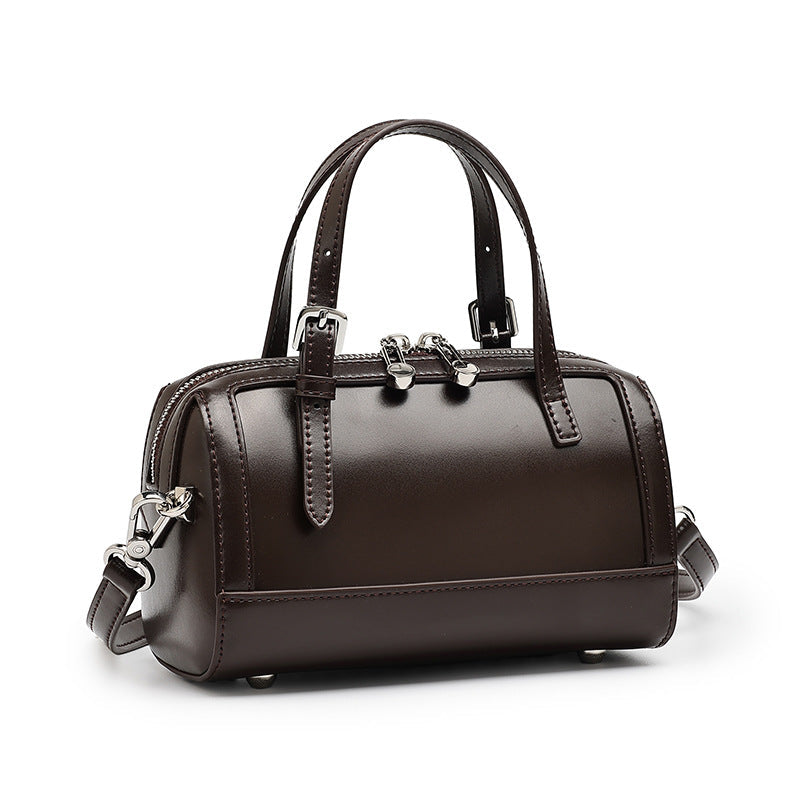 Women's Cowhide Retro Boston Barrel Bag with Adjustable Strap