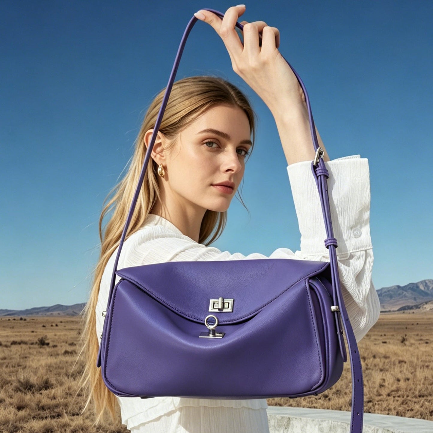 Women's Genuine Leather Envelope Flap Bag with Twist-Lock