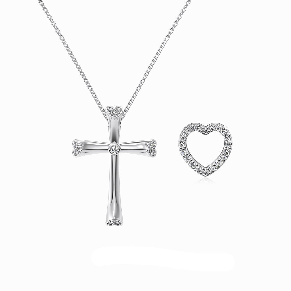 S925 Sterling Silver Divine Heart Dual Pendant Necklace Cross Heart Layered Jewelry