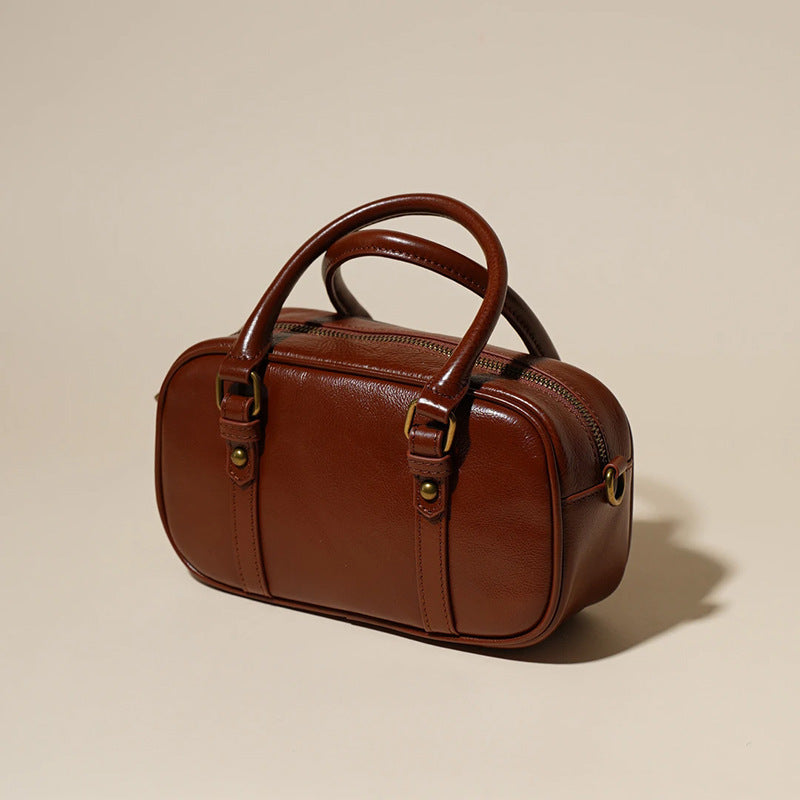 Women's Oil-Waxed Cowhide Mini Boston Bag with Top Handle