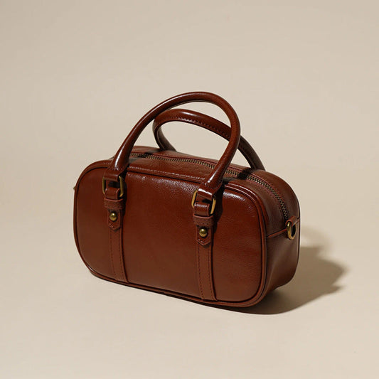 Women's Oil-Waxed Cowhide Mini Boston Bag with Top Handle