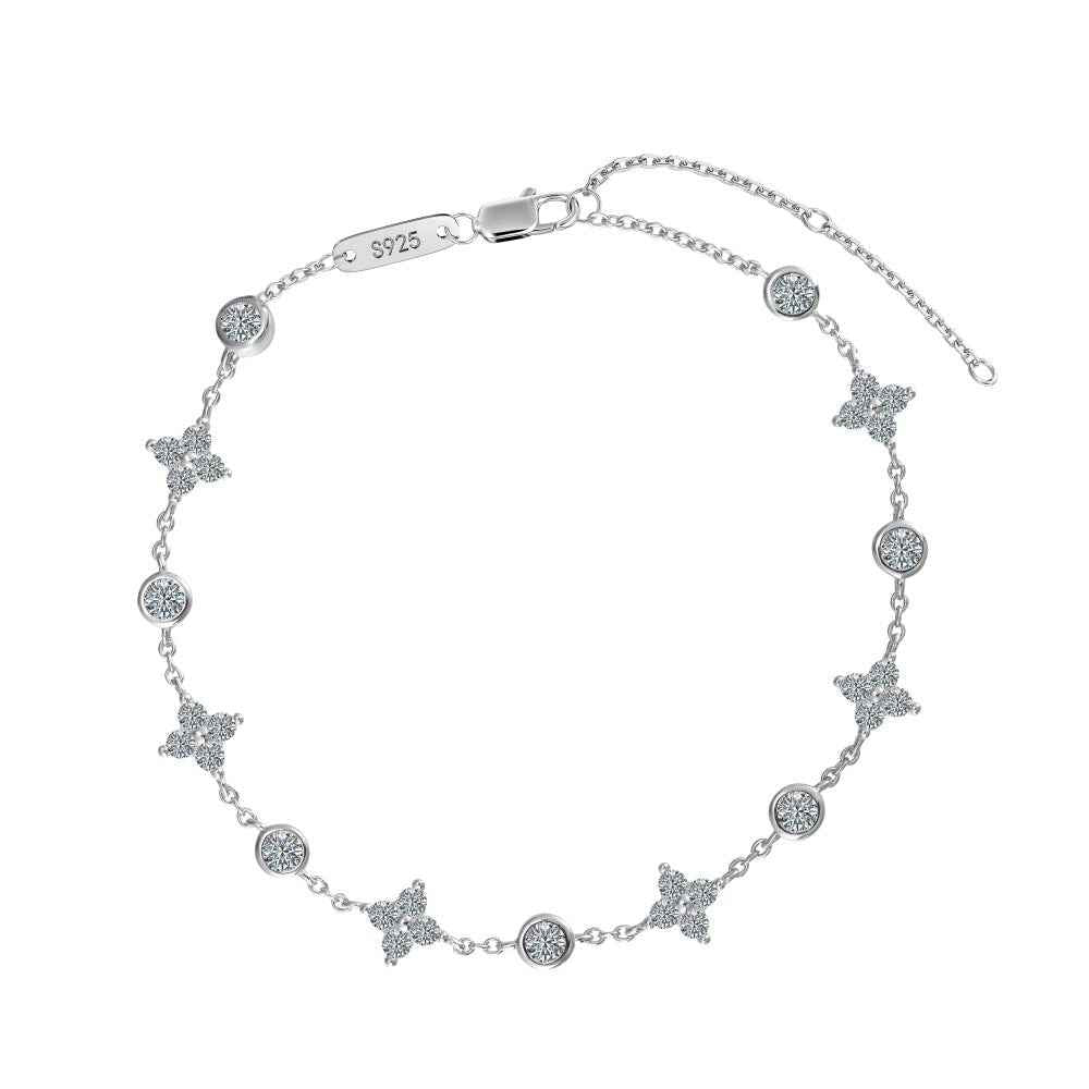 925 Sterling Silver Flutter Bloom Clover & Butterfly Moissanite Bracelet 18K White Gold