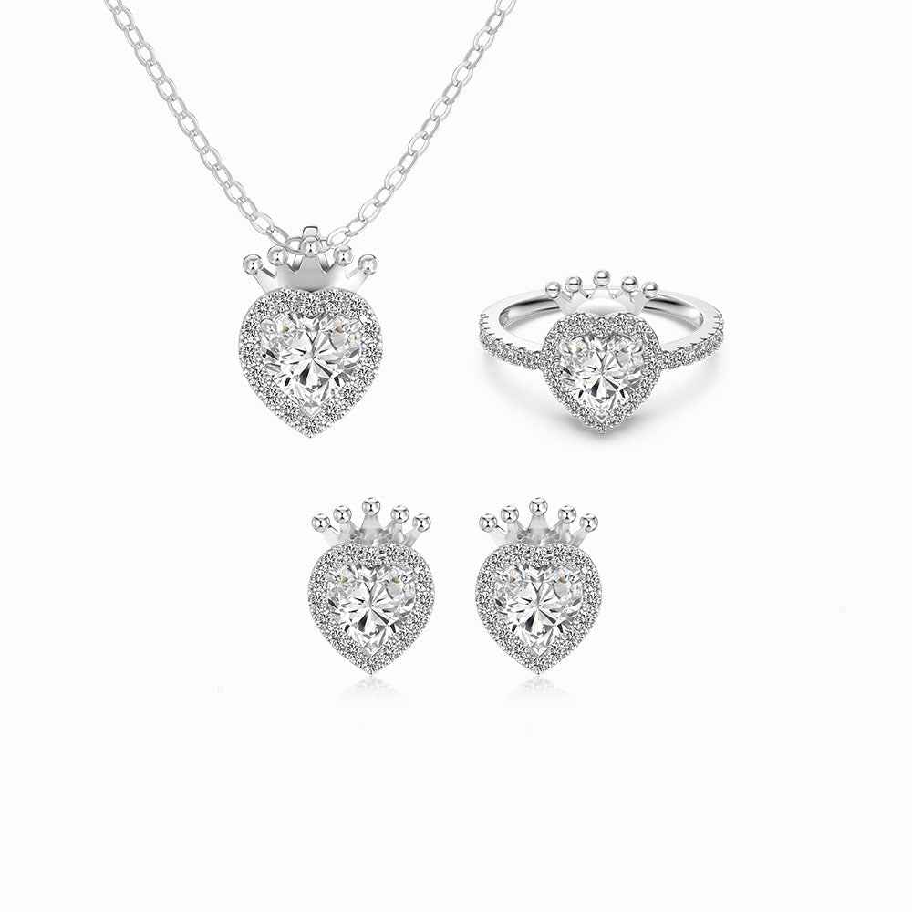 925 Sterling Silver Crown Heart Jewelry Set – Crowned Heart Royale (Necklace Ring Earrings)
