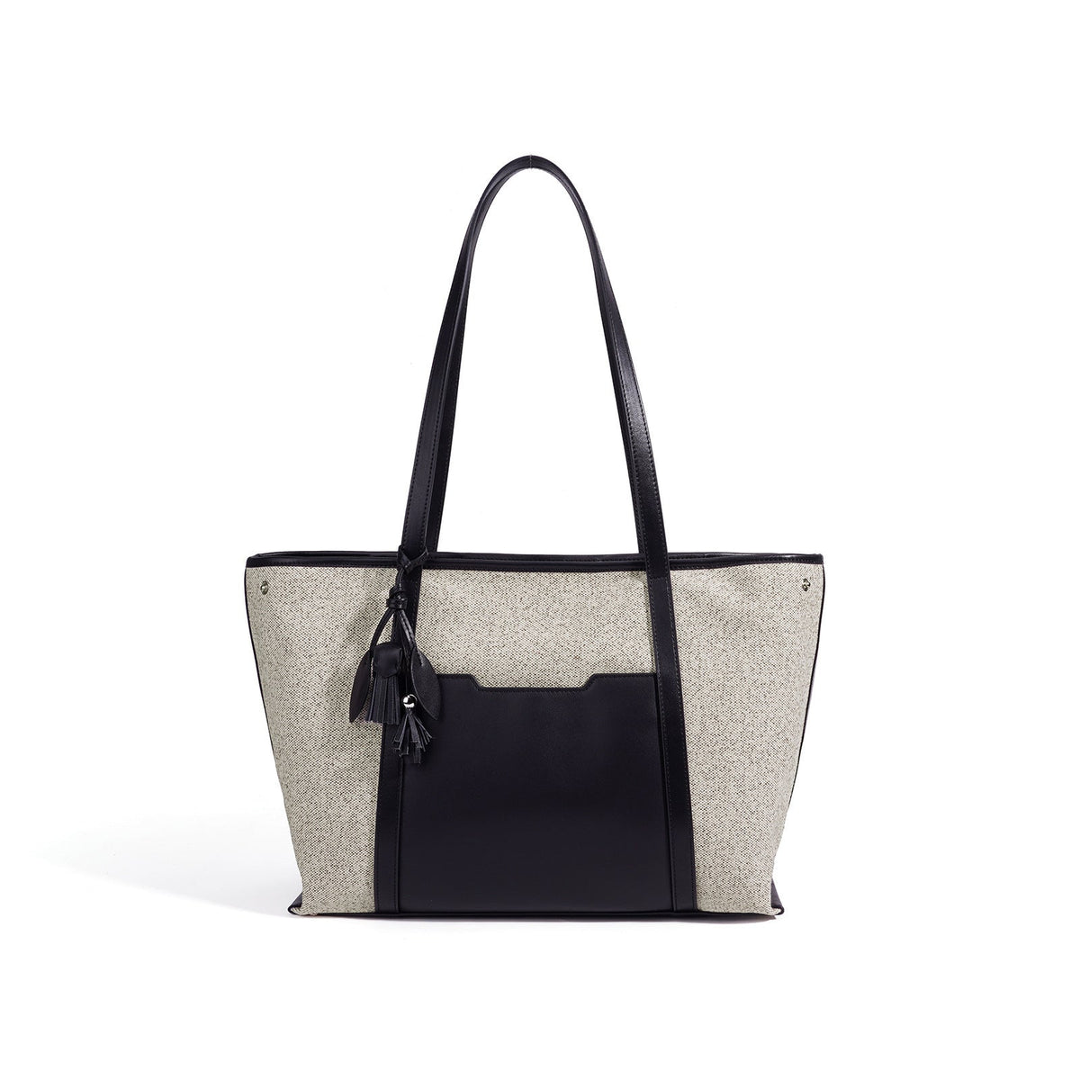 Women's Canvas Tote Bag with Genuine Leather Panels and Tassel Charm