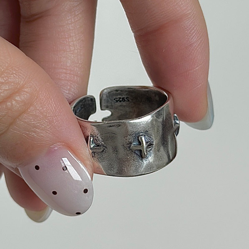 “Crossed Shadow” S925 Sterling Silver Open Adjustable Cross Ring