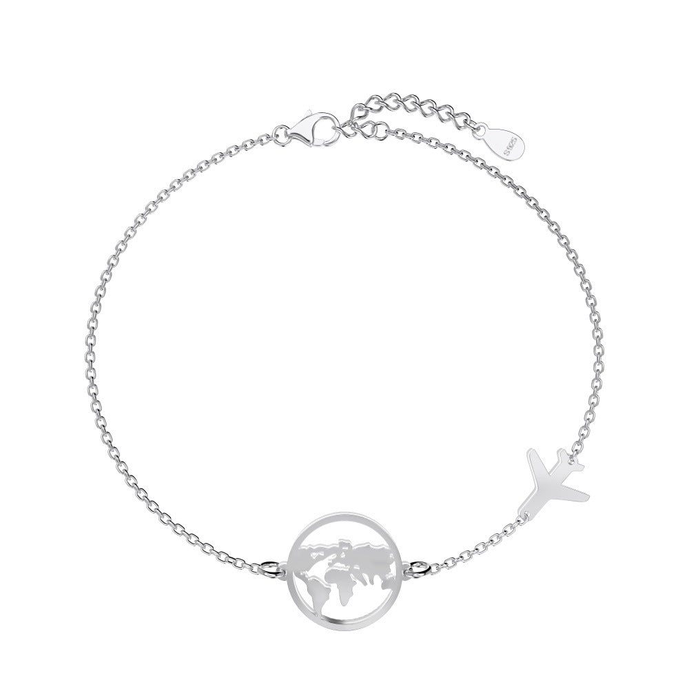 S925 Sterling Silver Globe Airplane Travel Bracelet Adjustable