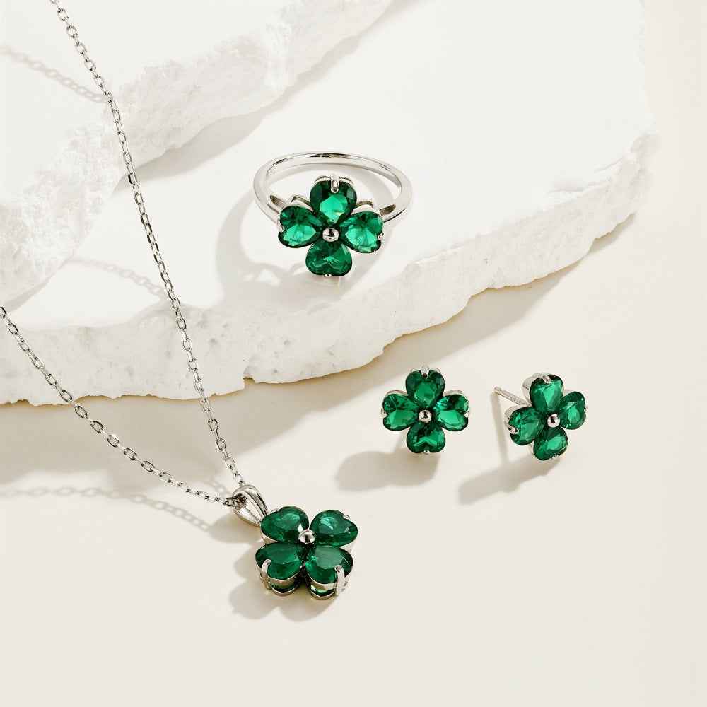 925 Sterling Silver Sakura Heart Green Zircon Jewelry Set Necklace Ring Earrings