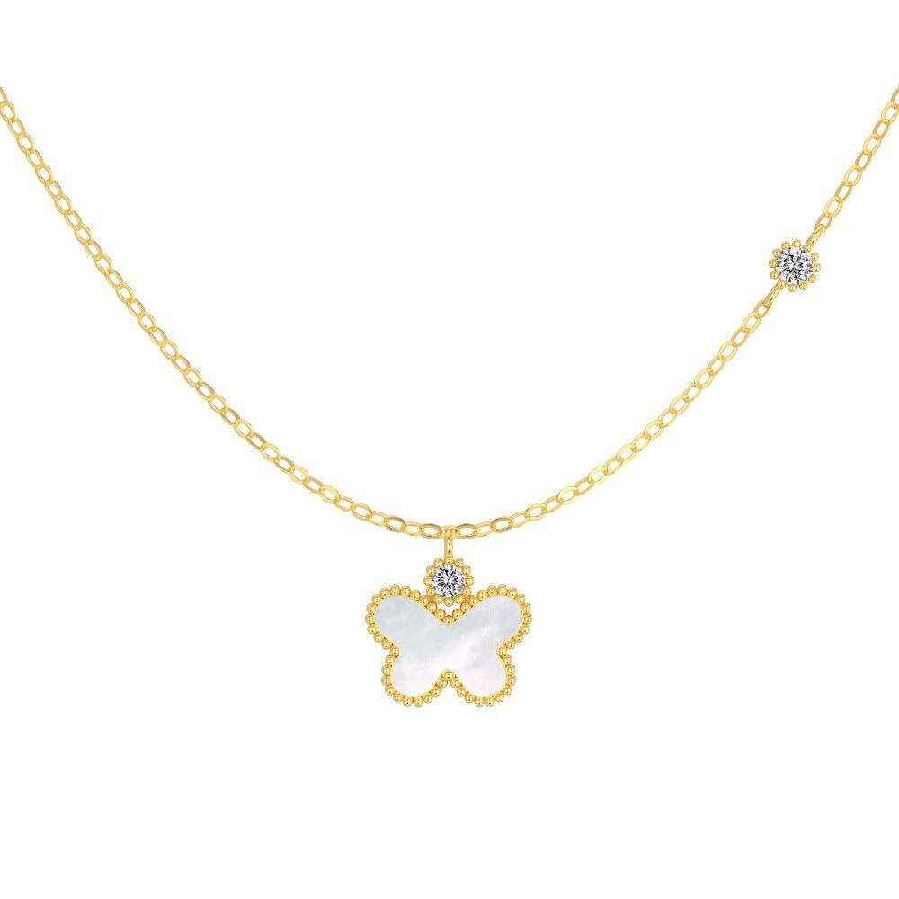 Butterfly Gleam Mother of Pearl Butterfly Pendant Necklace with Zircon Details, S925 Sterling Silver