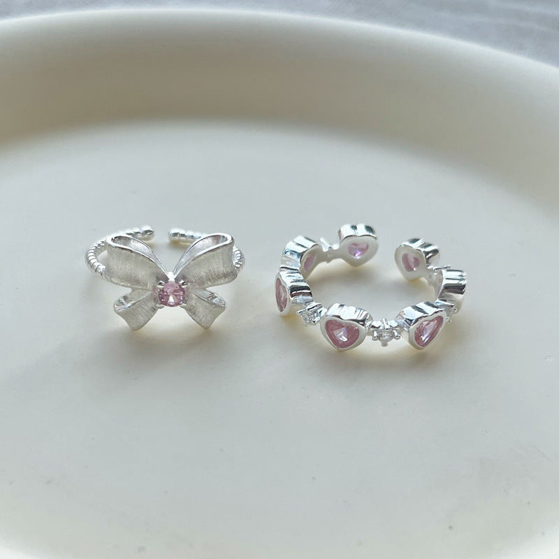 925 Sterling Silver Sweet Charm Ring Pink Zircon Bow Heart Adjustable Ring