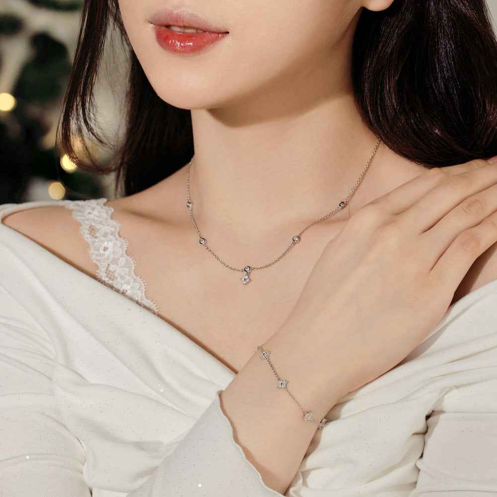 Starlit Bloom S925 Sterling Silver Star Flower Necklace and Bracelet Jewelry Set