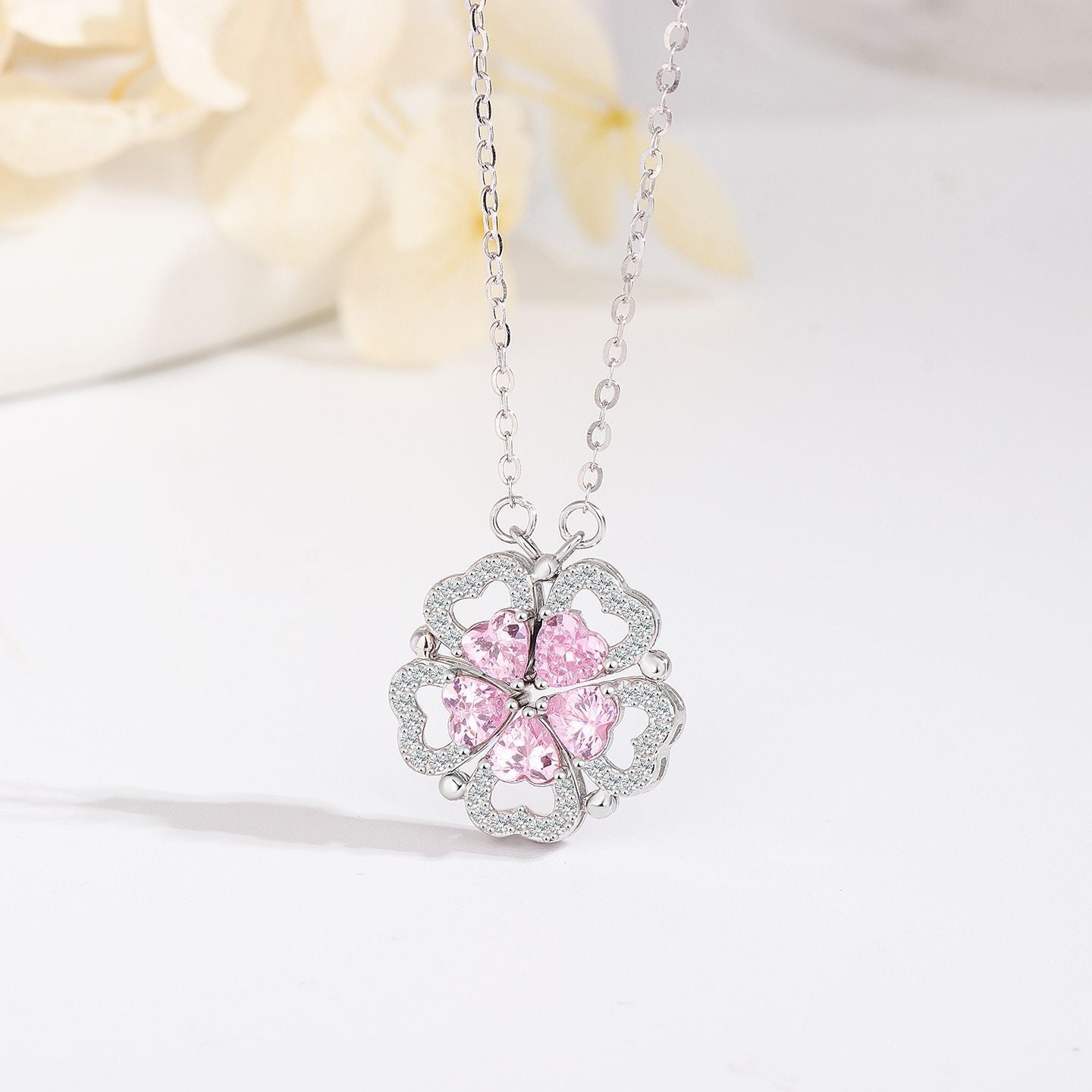 Blooming Heart Convertible Flower Heart Necklace with Crystal in S925 Sterling Silver